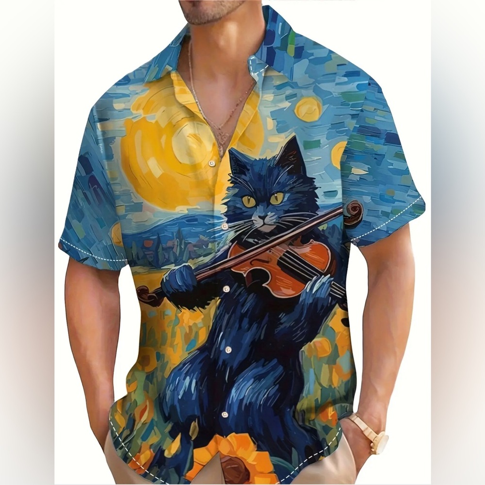 Violin Cat Vibrant Oil Paint Print Shirt Sleeve Button Up Shirt